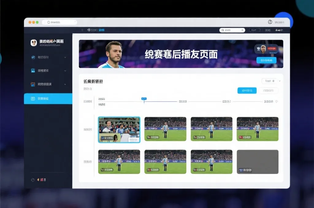 比赛结束后，电视屏幕展示集锦回放页面，旁边有时间轴和多角度切换提示